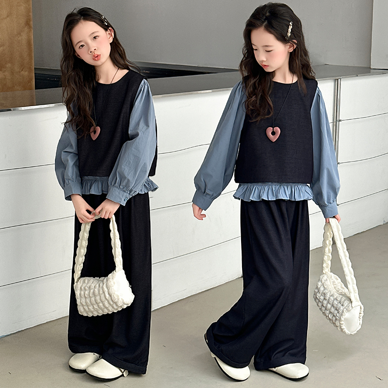 女童春秋韩系新款时尚套装中大儿童秋季洋气马甲衬衫休闲阔腿裤潮