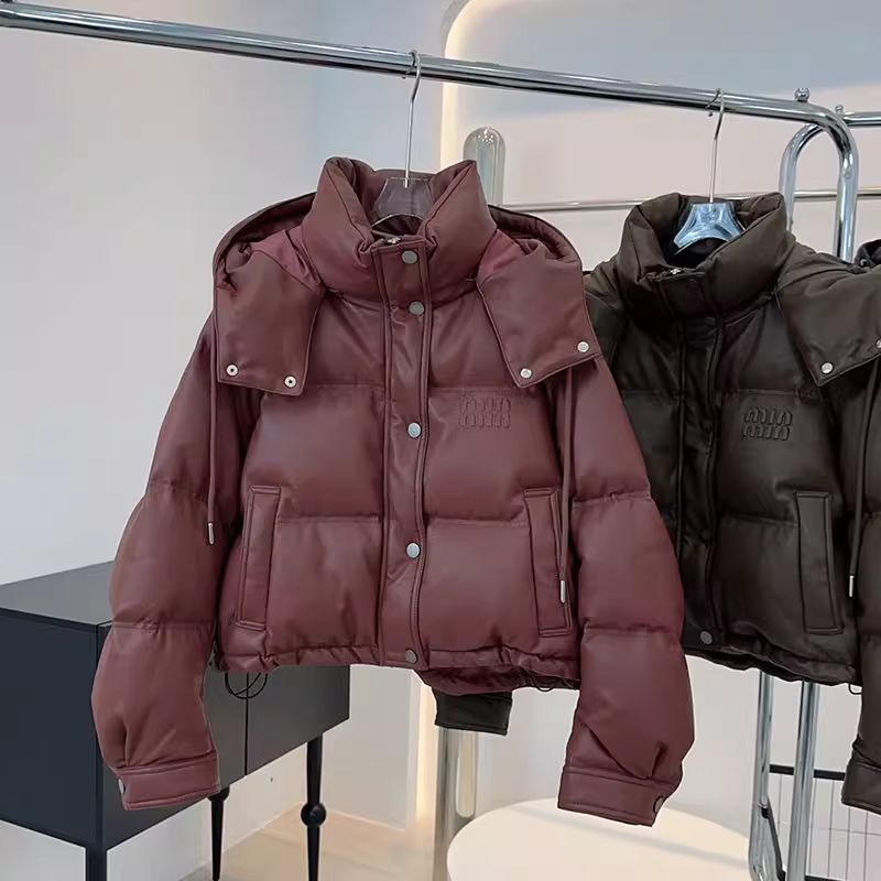 【万达撤柜】美拉德连帽PU皮羽绒棉服女短款2025年秋冬新款韩版时尚