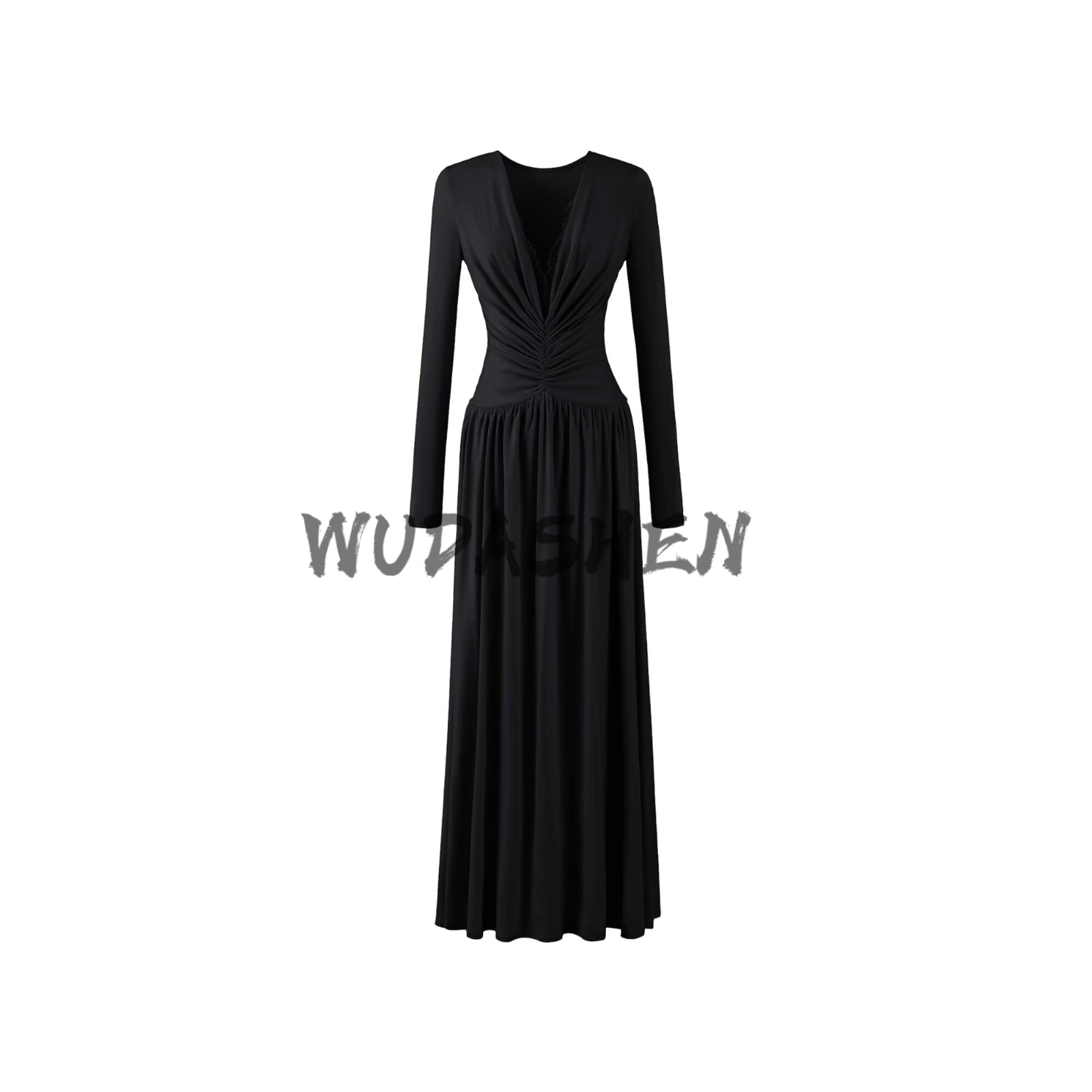 【你伍老板娘】“尤物丁香”深V蕾丝拼接垂感十足长袖连衣裙