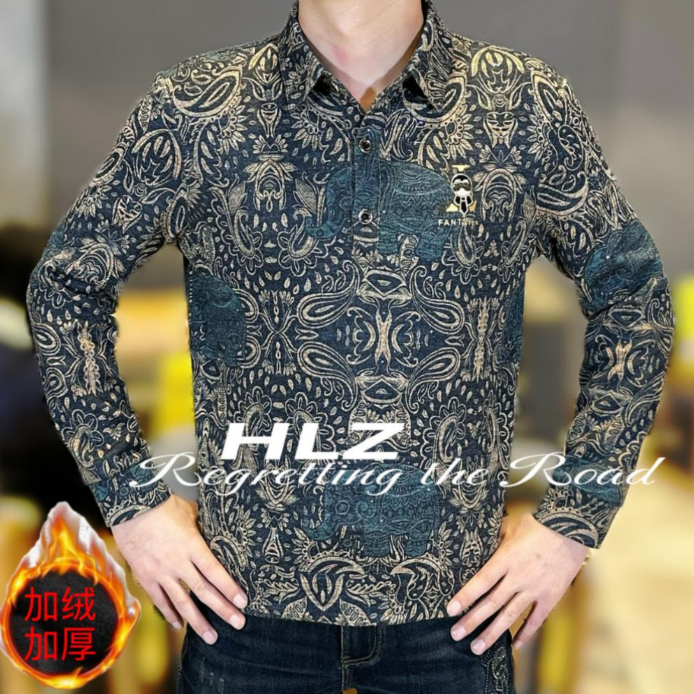 2025秋冬新款修身男士时尚休闲巴洛克图案纽领加绒加厚长袖衬衫