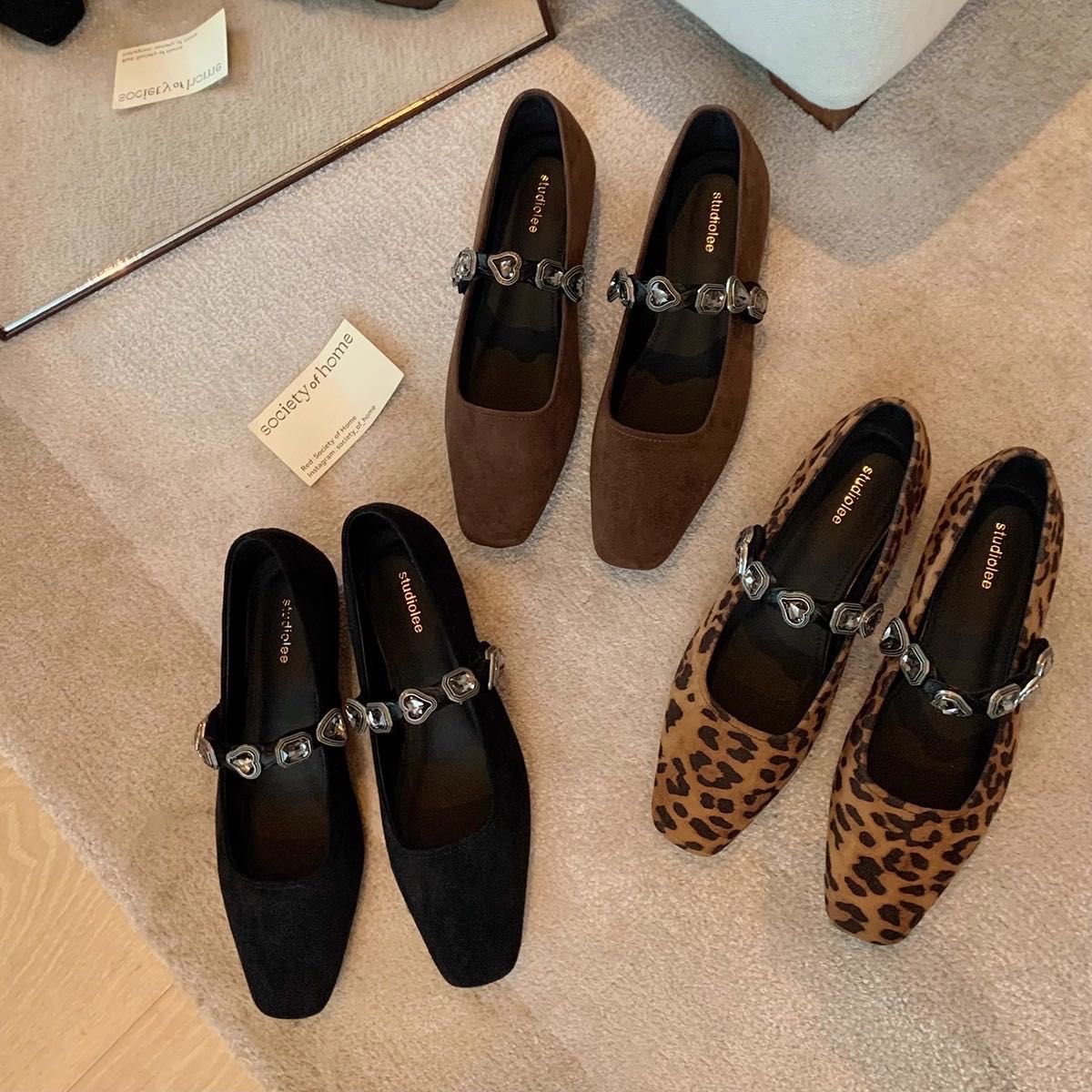 复古气质小方头爱心豹纹韩系钻带浅口玛丽珍单鞋女不累脚巨软舒适