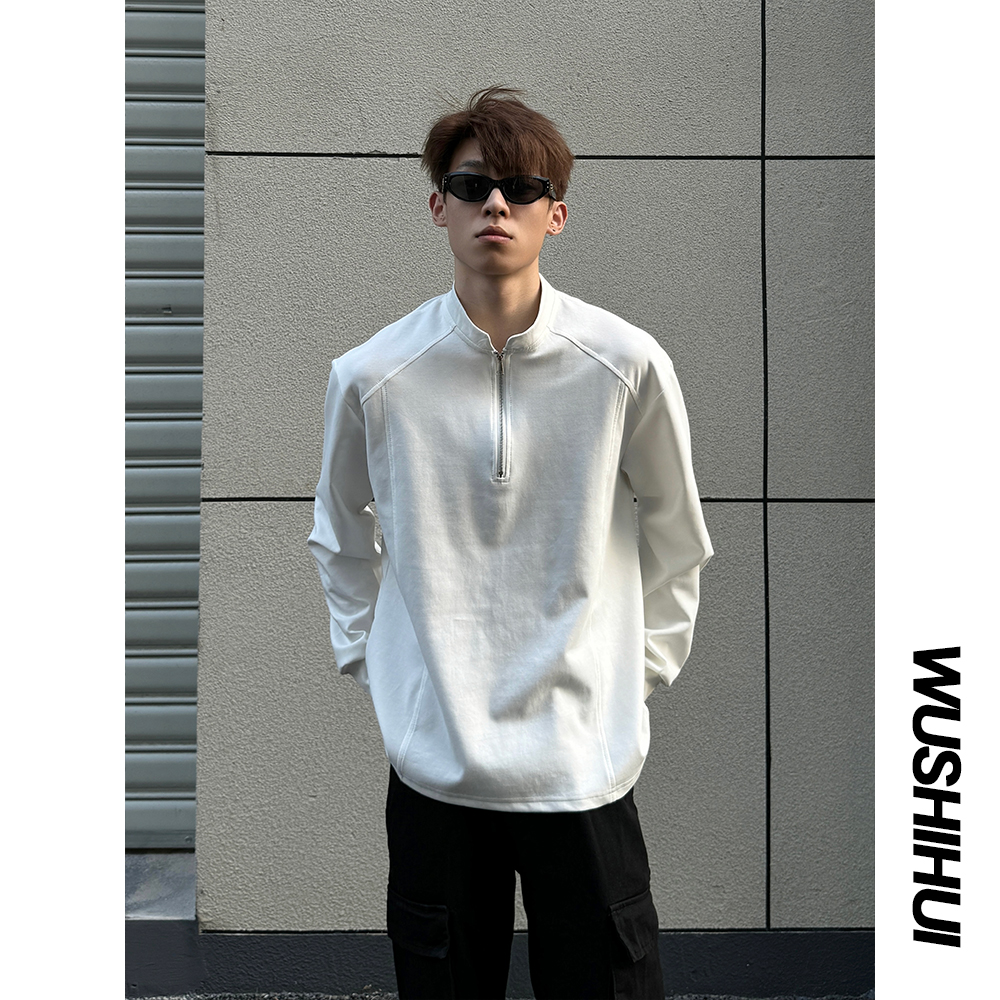 潮牌小立领拉链长袖T恤男休闲运动卫衣宽松复古立体剪裁体恤衫