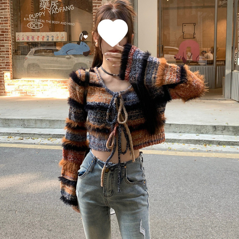 撞色条纹针织套装女蝴蝶系带毛衣开衫外套秋冬季新款吊带连衣裙