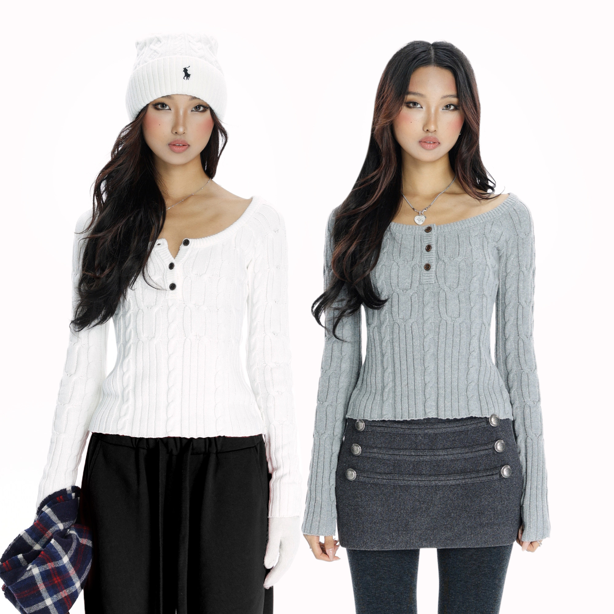 Audwyn亨利领长袖针织衫绞花毛衣秋冬新款修身显瘦内搭打底衫女