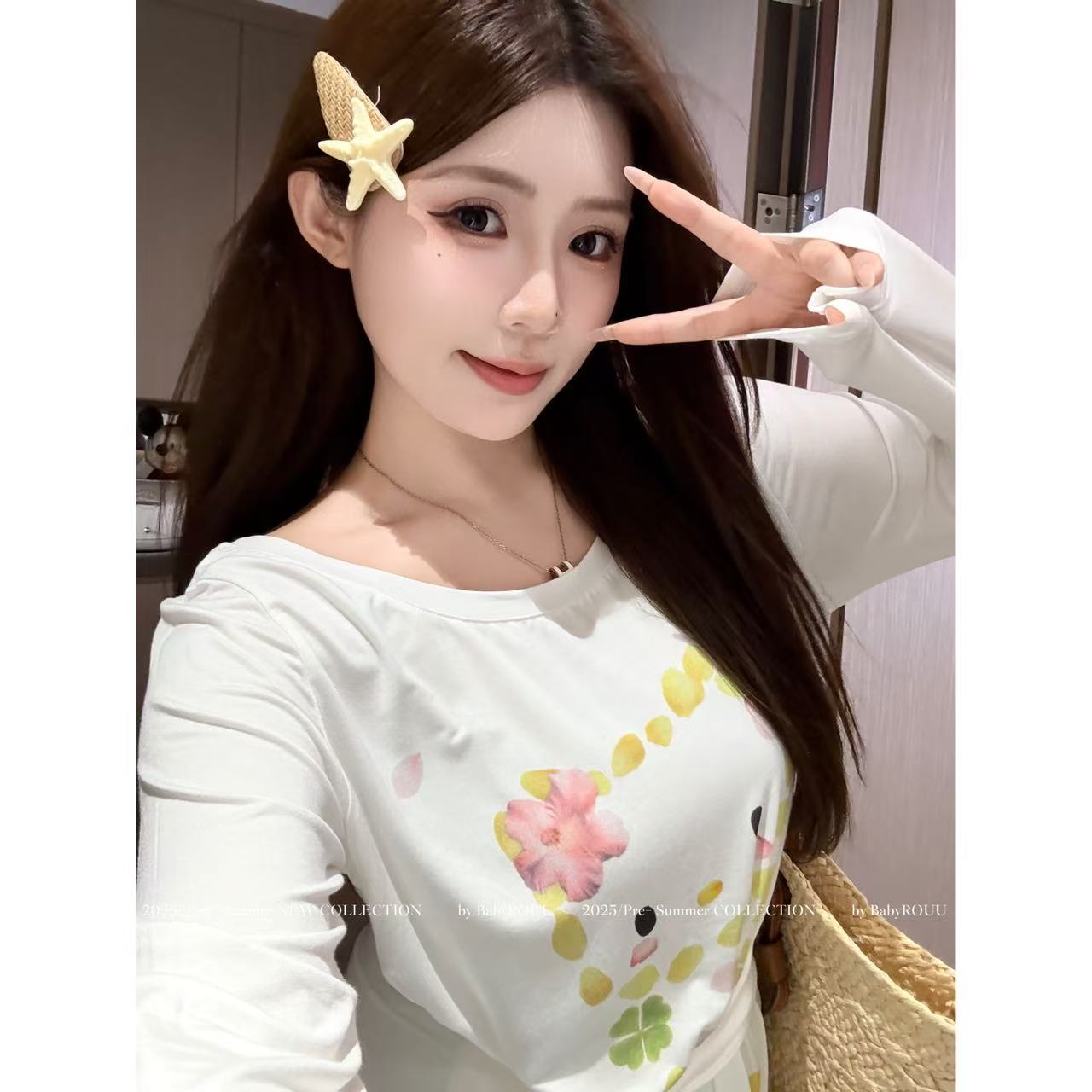 【樱花麻豆】温与柔韩系温柔风童趣慵懒风早秋显瘦微宽松露肩上衣