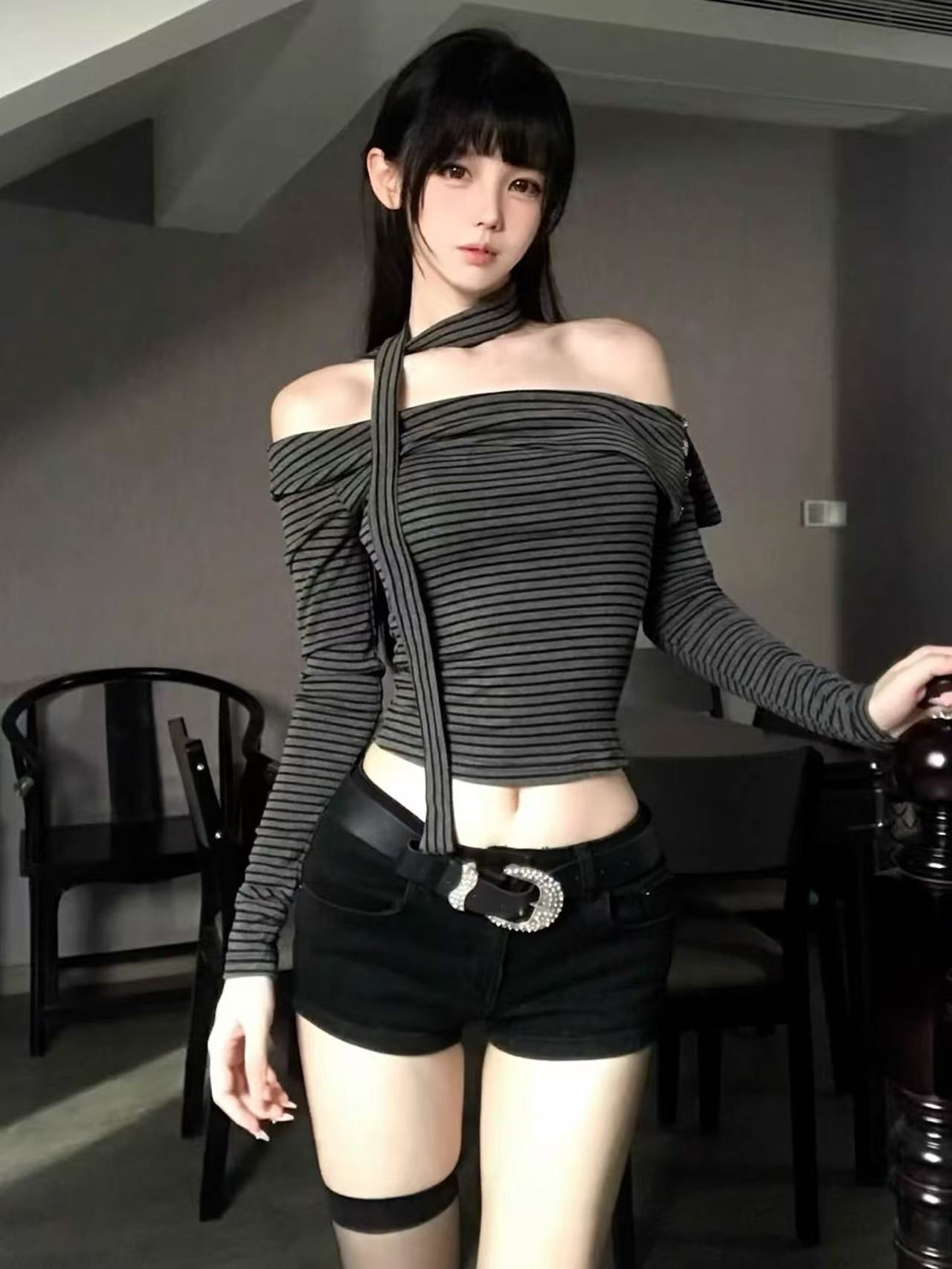 美式y2k辣妹条纹一字肩长袖t恤女秋季修身显瘦露肩短款打底衫上衣