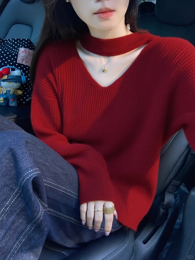 韩系氛围感红色挂脖长袖针织衫女2025秋冬新款宽松显瘦超好看毛衣