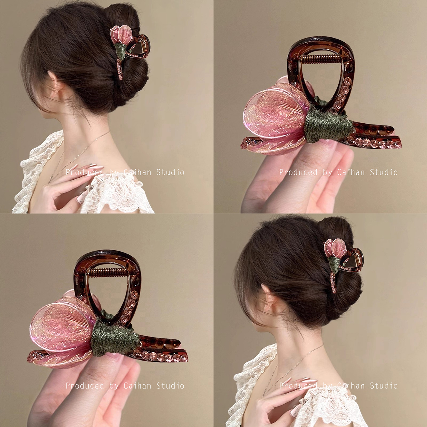 郁金香时~超仙花朵抓夹女高级感后脑勺鲨鱼夹半扎发夹紫旅行发卡