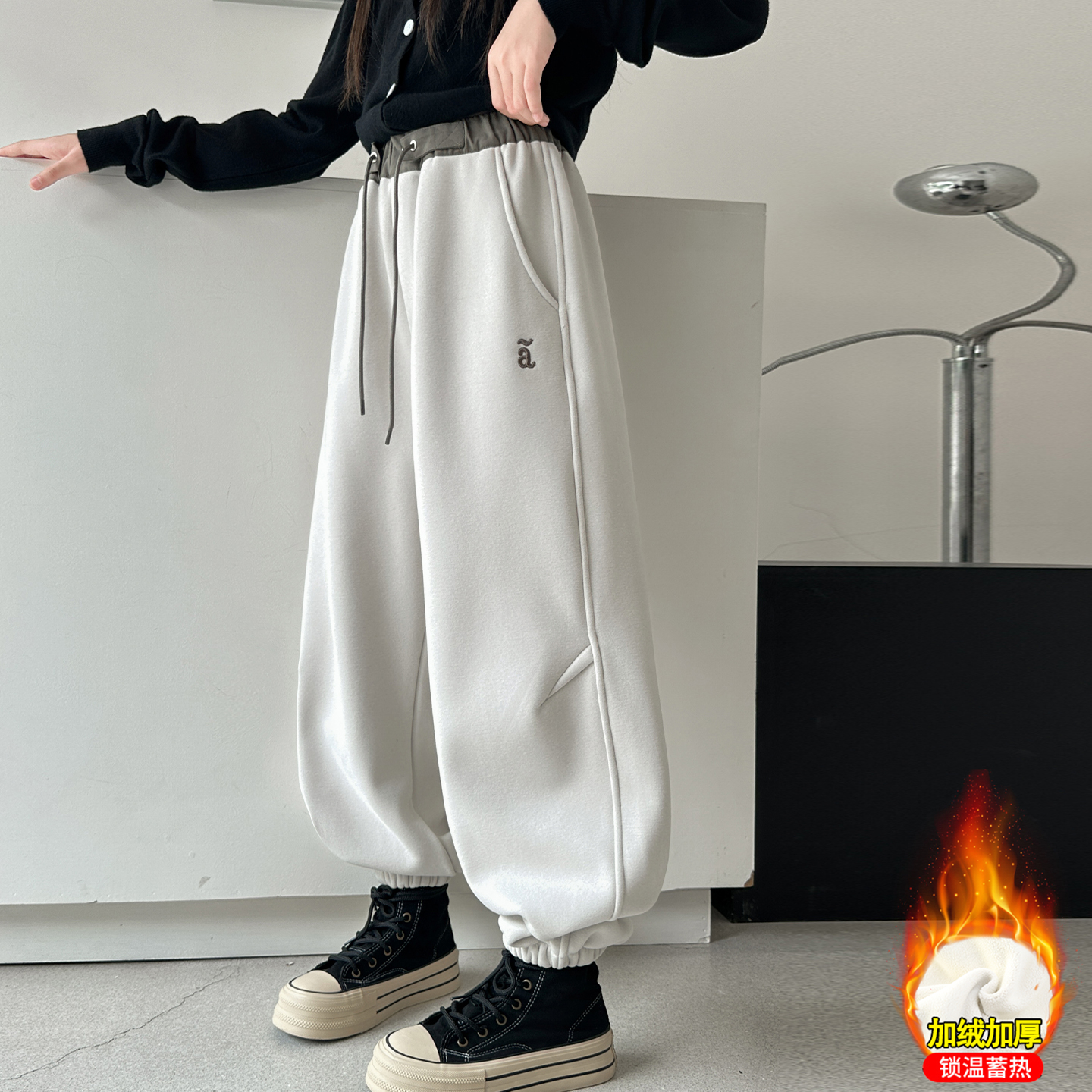 儿童秋冬装大女童装加绒一体绒裤子春秋款运动卫裤秋季阔腿束脚裤