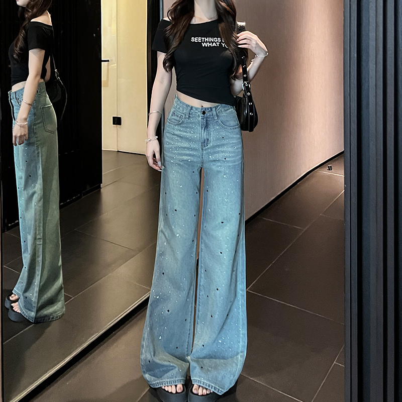 复古烫钻重工满天星直筒阔腿牛仔裤女秋季新款高腰宽松显瘦小微喇
