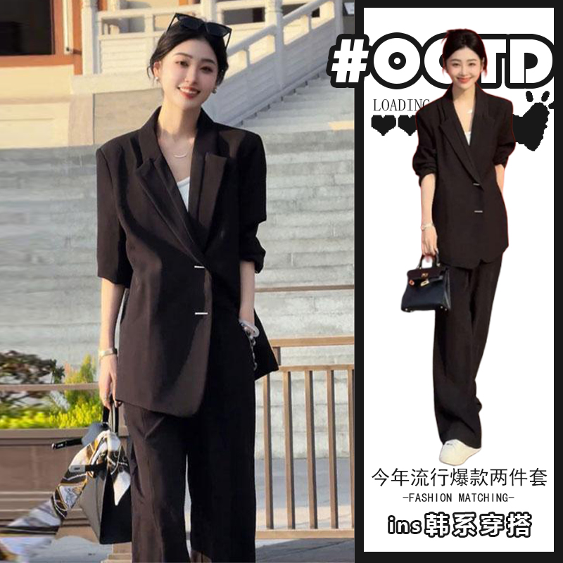 酷飒风女装高级感气质西装上衣黑色休闲直筒阔腿裤女神范两件套潮