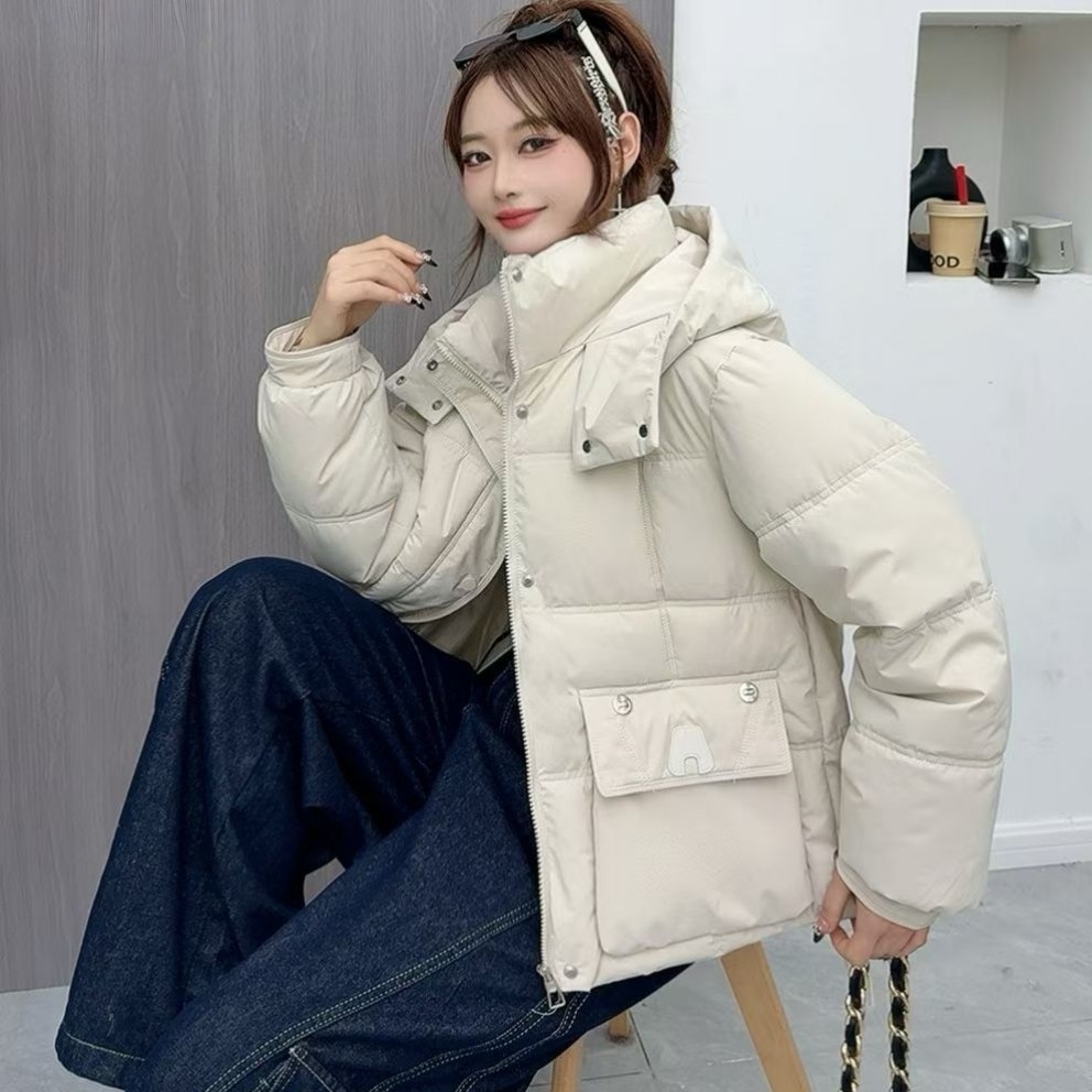 字母短款纯色韩版短款显瘦连帽立领宽松棉衣