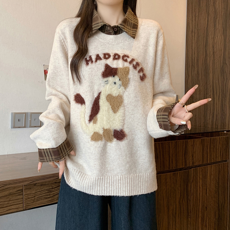 2025冬装款胖mm大码女休闲减龄绣花小猫假两件针织长袖上衣 72148