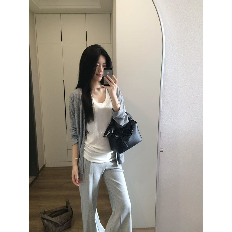 夏季小众设计款显瘦背心短袖内搭开衫修身上衣休闲宽松百搭长裤女