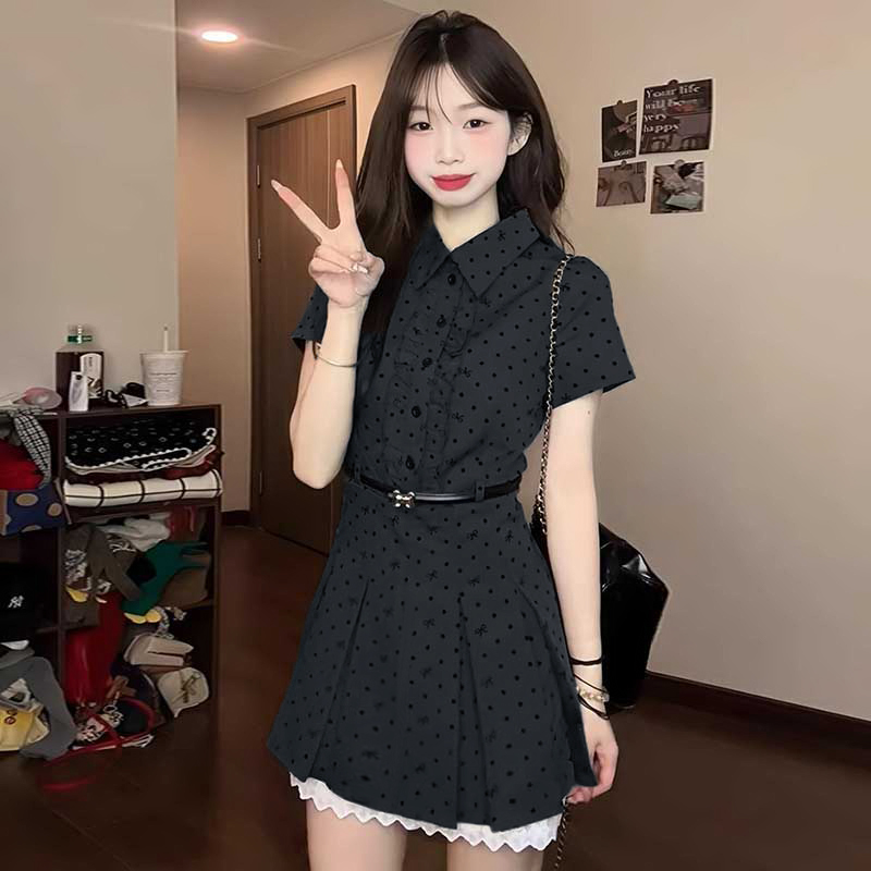 【送腰带】【有里布】韩系连衣裙女学院风收腰显瘦a字短裙D0865