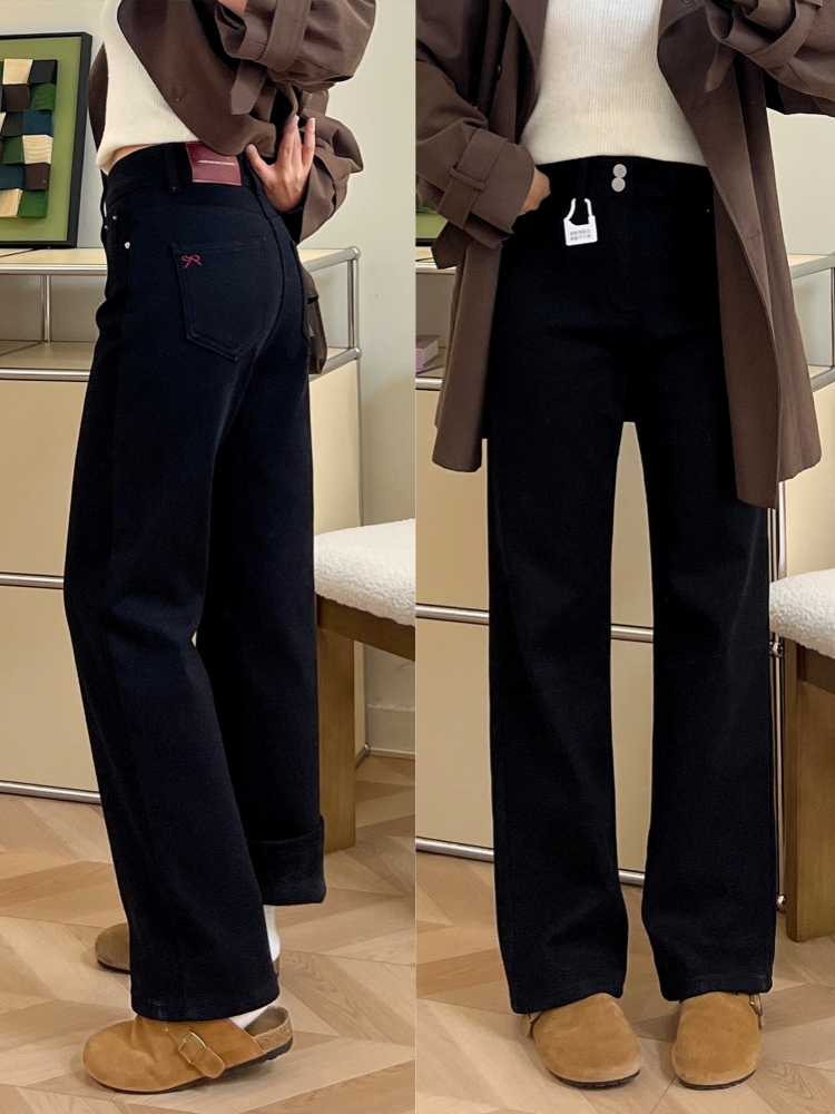 梨型微胖女款宽松显瘦大码直筒裤子女秋冬爆款弹力百搭阔腿牛仔裤