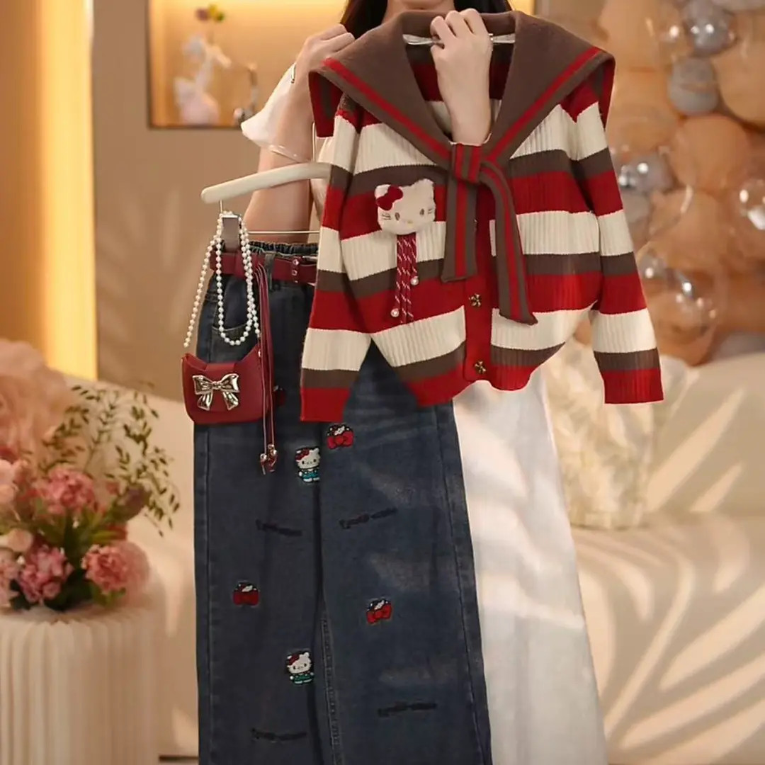 2025春款亲子装百搭春季可爱甜美kit猫洋气针织开衫女童毛衣套装