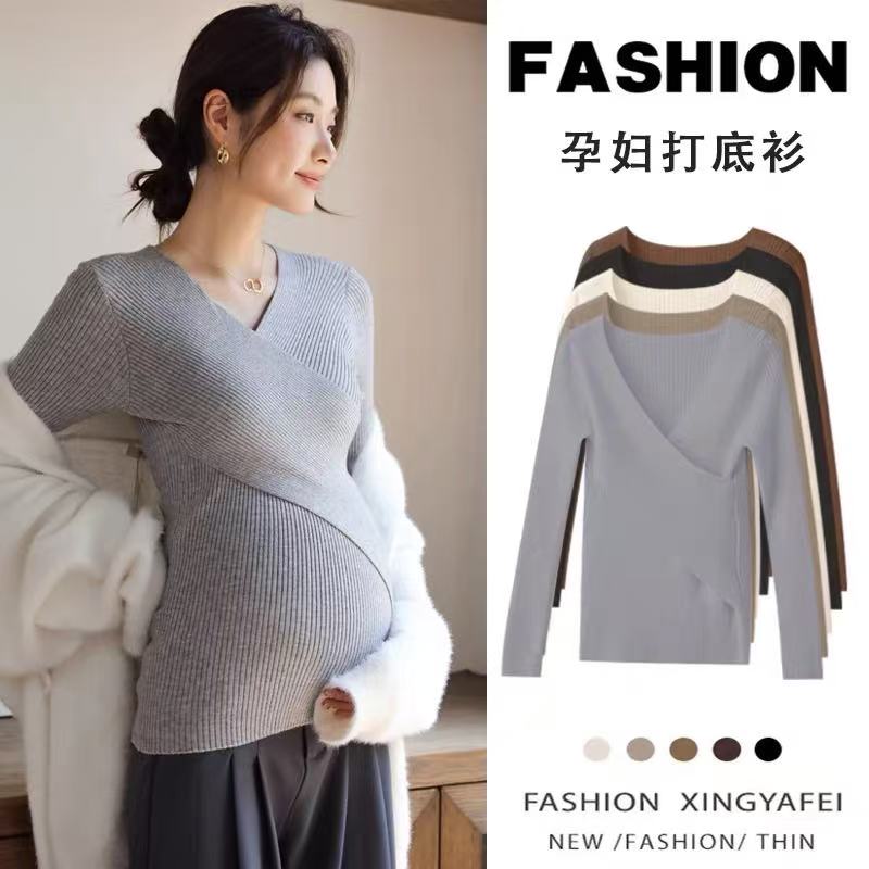 孕妇打底衫秋冬2025新款内搭针织衫孕期春秋灰色交叉领长袖毛衣