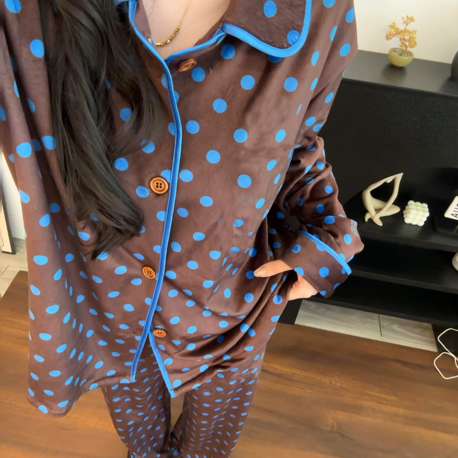 法式复古撞色波点法兰绒睡衣女新款冬季长袖长裤可外穿家居服套装