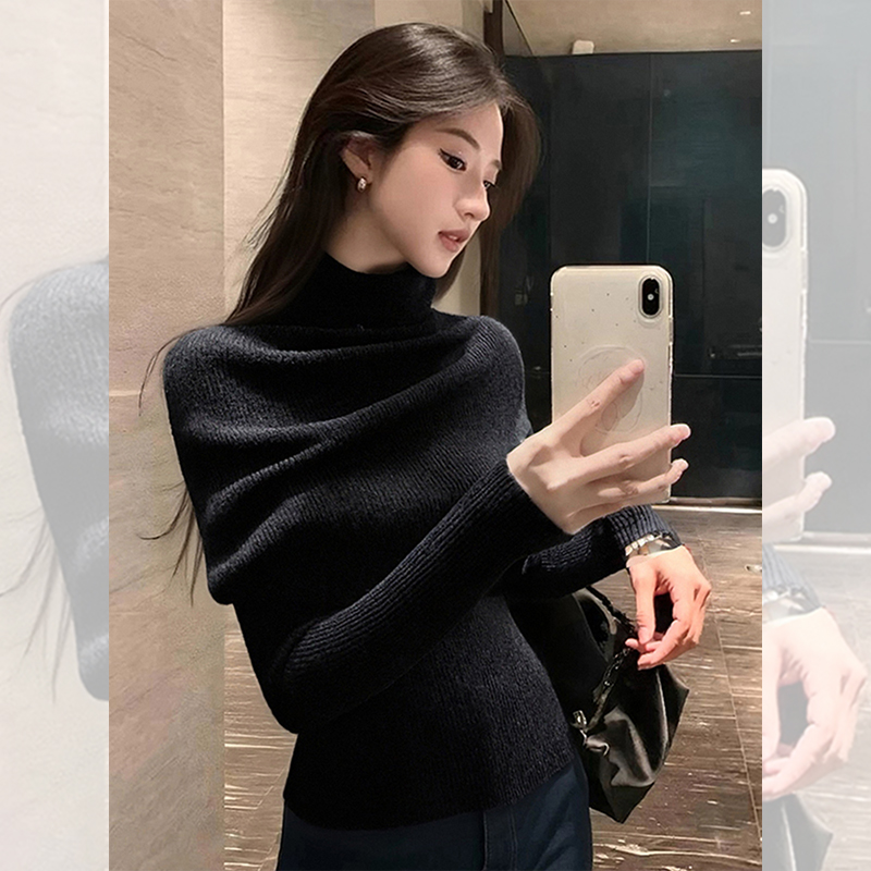 独特漂亮深灰高领披肩针织小衫女装秋冬洋气内搭打底衫两件套上衣