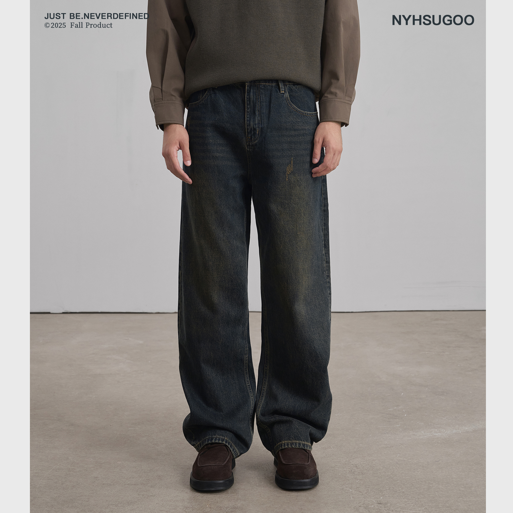 NYHSUGOO/南乙秋季99%棉质弯刀牛仔裤水洗固色工艺3821男士高街