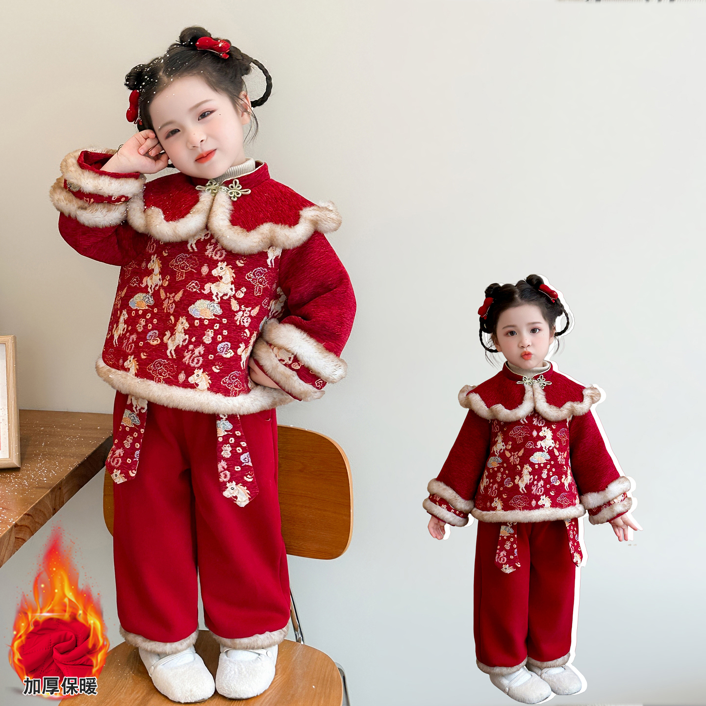 汉服女童拜年服国风夹棉套装冬款2026年儿童唐装宝宝喜庆过年衣服