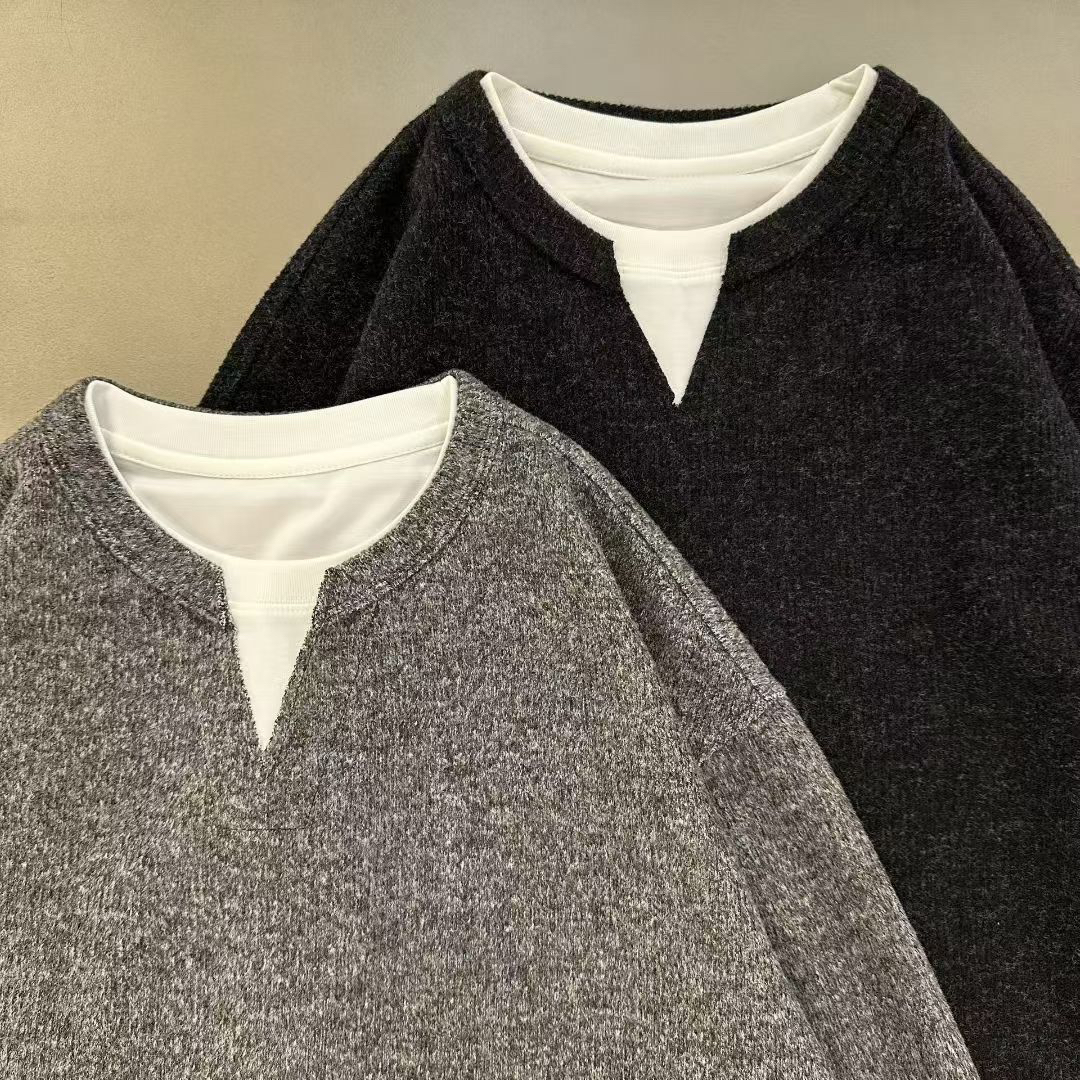 男士假两件V领针织衫长袖秋冬设计感宽松休闲上衣百搭叠穿打底衫