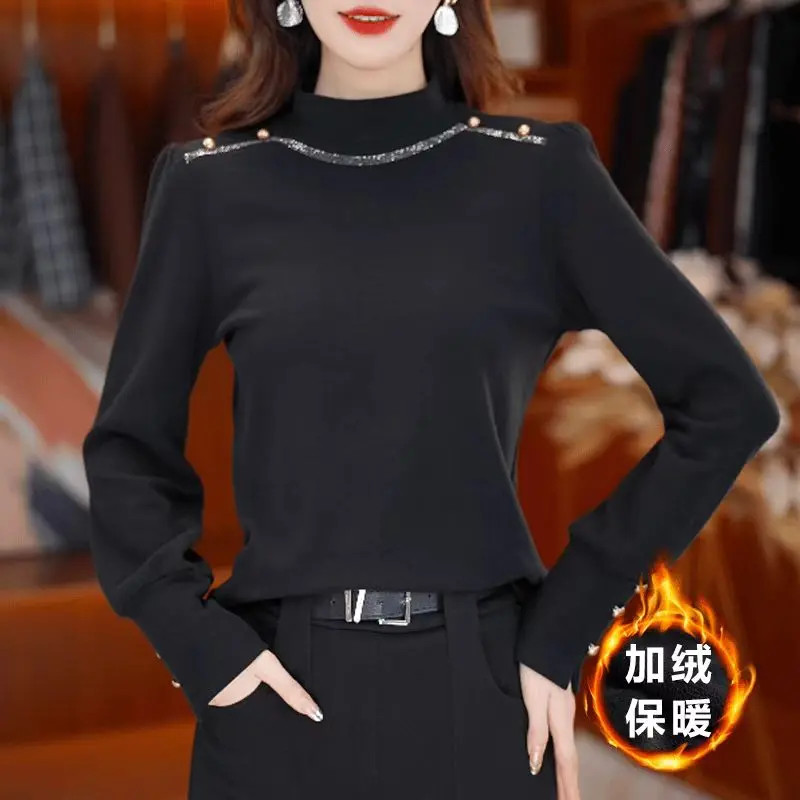 2025冬季新款百搭加绒保暖打底衫女气质洋气设计感长袖上衣恤女款