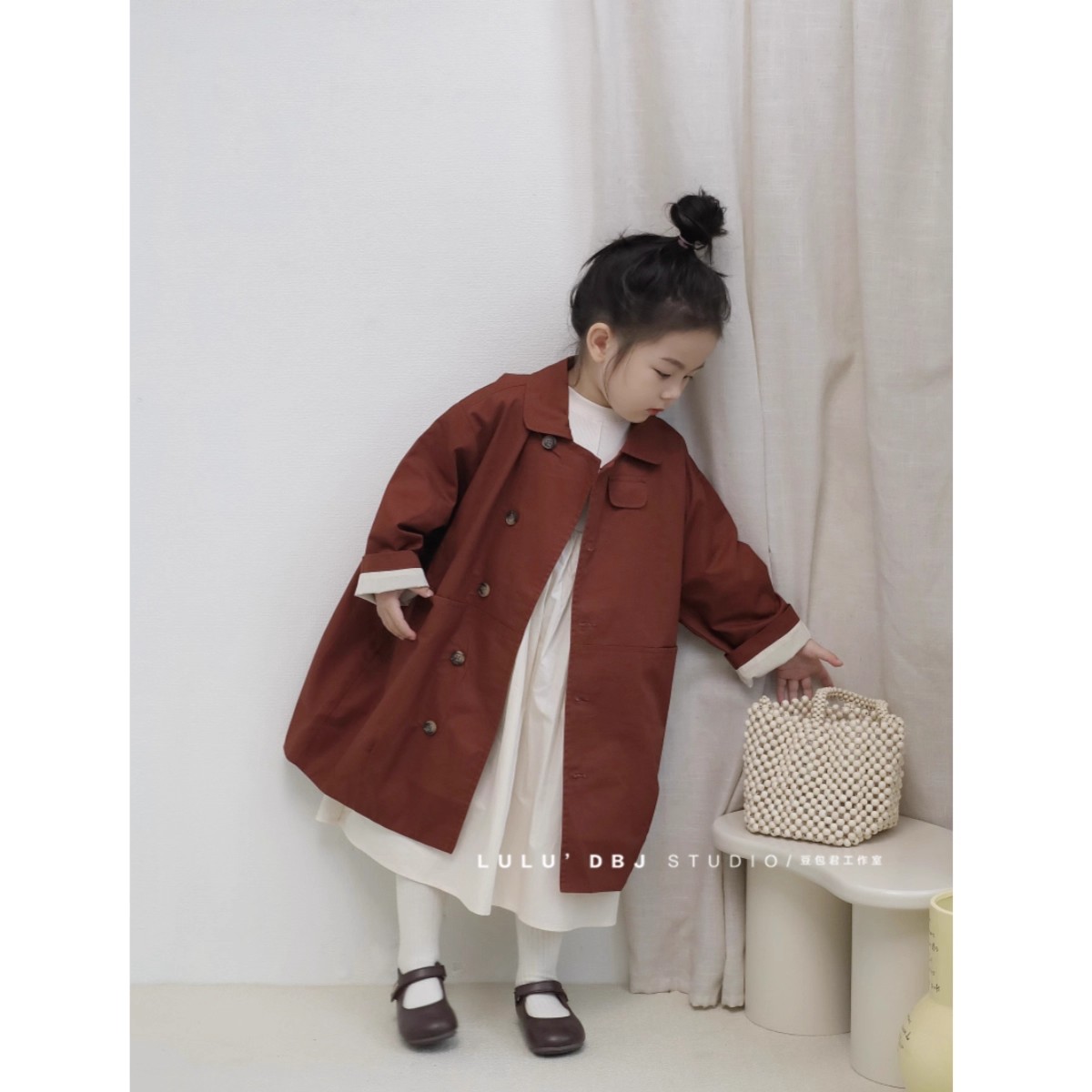 女童宝宝韩版时尚中长款茧型外套娃娃领宽松洋气长款风衣翻领外套