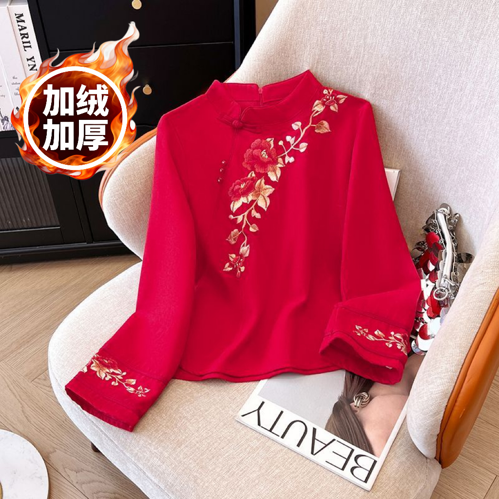 九分袖大红色立领牡丹刺绣秋冬厚款上衣加绒百搭修身民国风女装