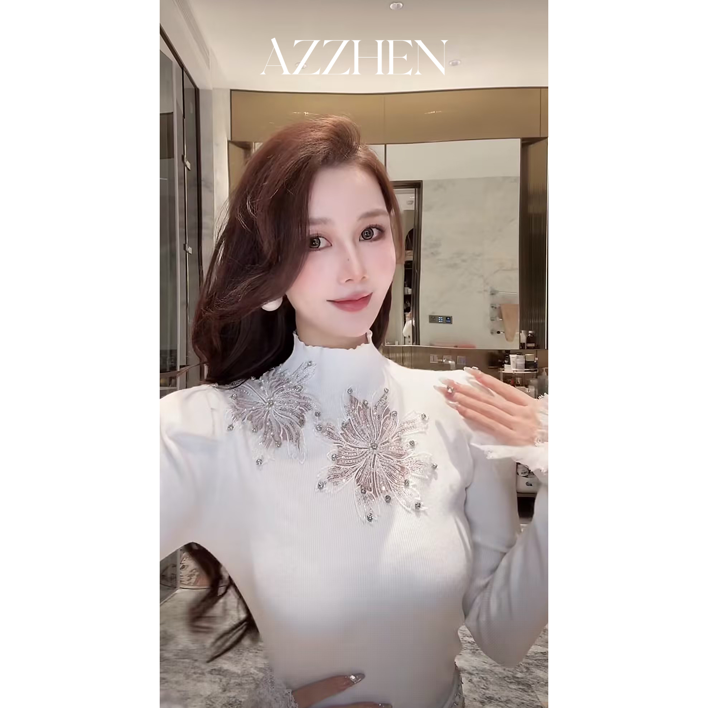 AZZHEN【星光情节】镂空刺绣重工蕾丝针织打底上衣AZ5PBT22-ZT秋冬