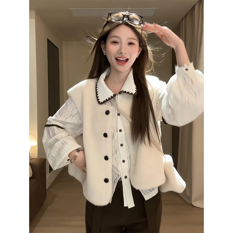 2025新款女士早秋季韩系叠穿马甲开衫休闲宽松衬衫上衣高腰阔腿裤