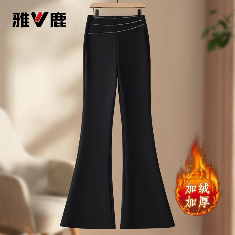 雅鹿黑色加绒微喇裤女秋冬季2025年新款高腰显瘦休闲弹力喇叭裤子
