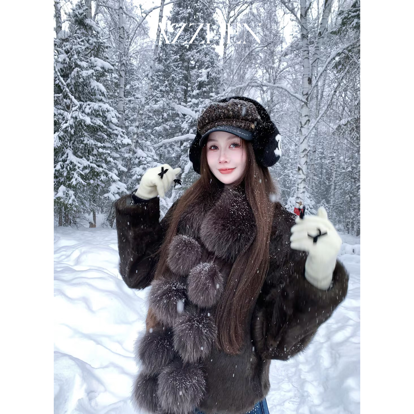 AZZHEN【摩卡黑巧】草原色复古高奢整皮兔毛百搭外套秋冬轻奢冬季