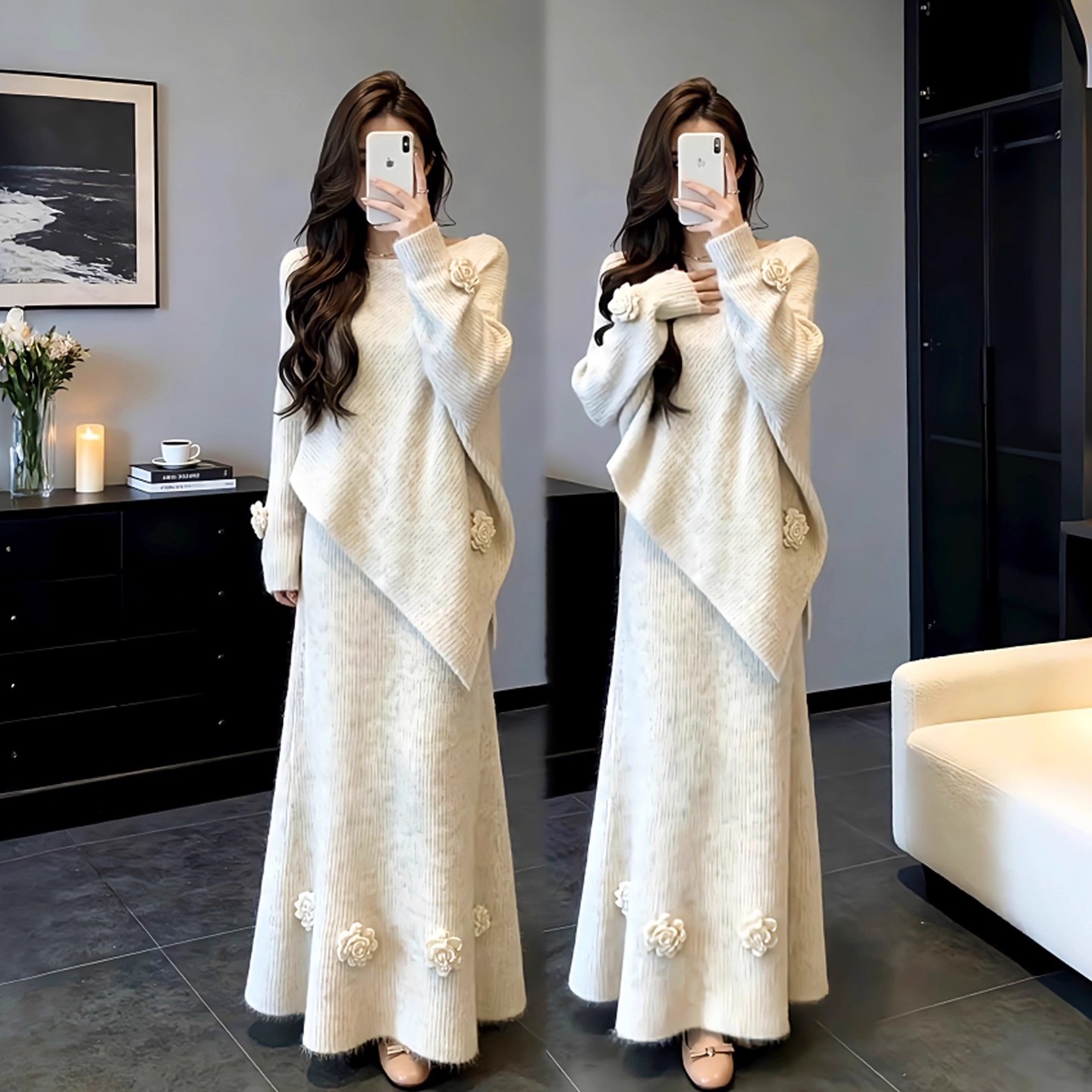 巨好看的冬装一整套小香风气质立体花朵不规则毛衣半身裙两件套女