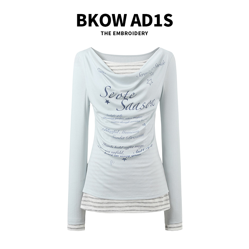 BKOW AD1S 韩系假两件时尚荡领印花收腰显瘦修身长袖T恤罩衫女