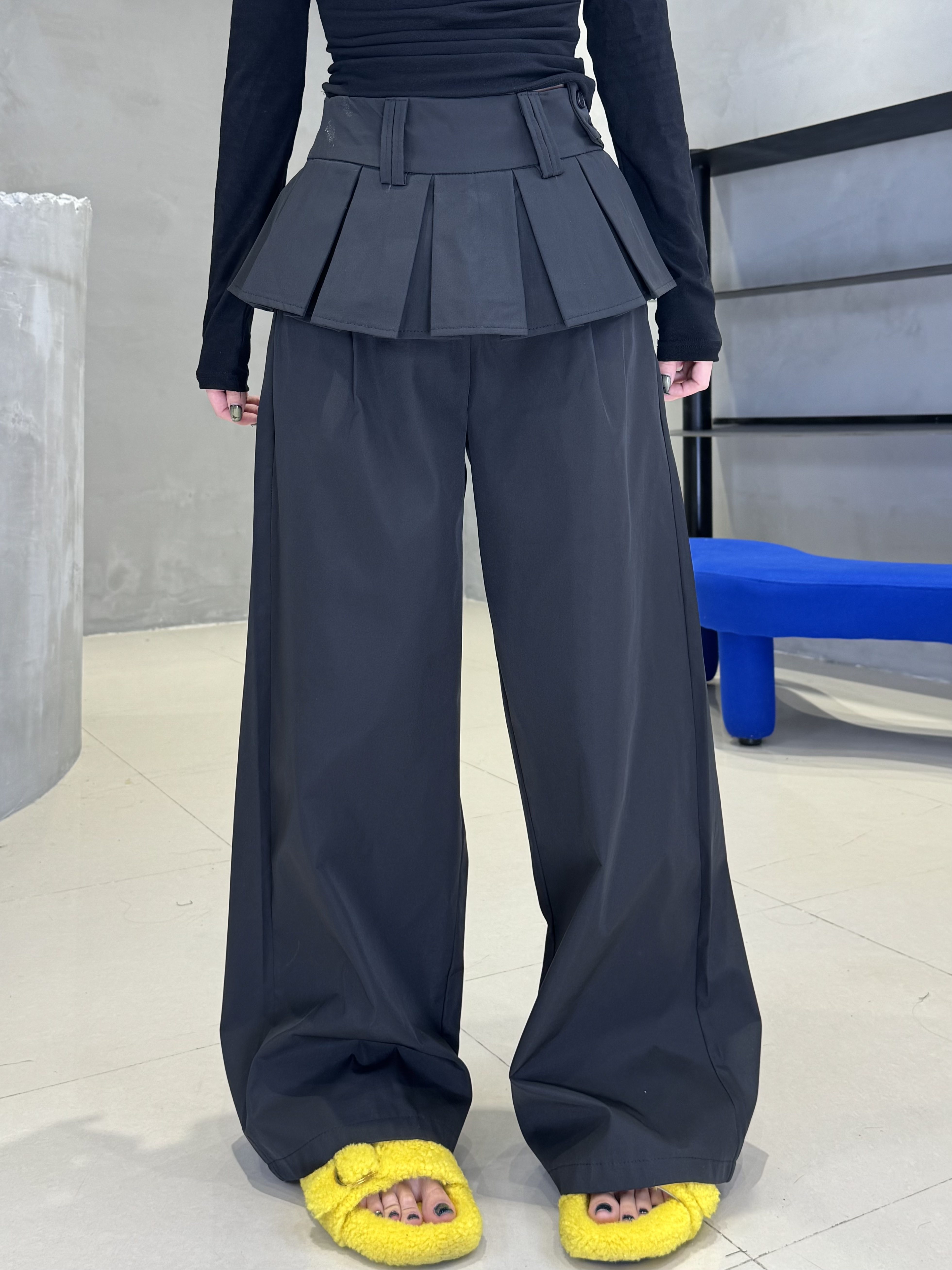 2559秋季ootd新款时尚百搭显瘦裙摆拼接洋气辣妹阔腿休闲裤长裤女