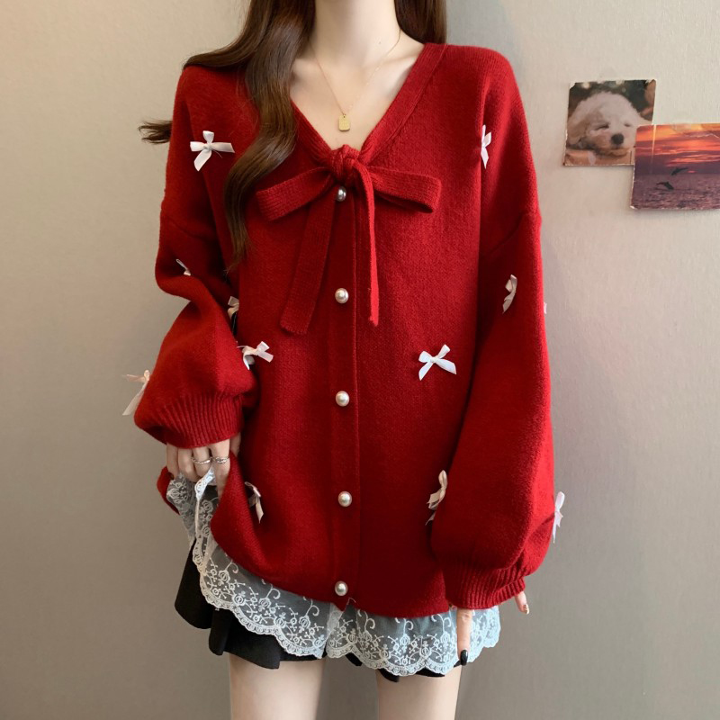 设计蝴蝶结落肩袖毛衣女秋冬季大码显瘦上衣拼接蕾丝V领针织外套