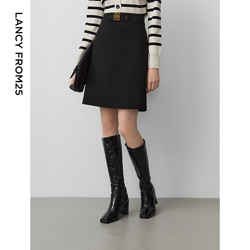 【朗姿Basic衣橱】复古法式a字裙气质黑色半身裙2025年秋新款裙子