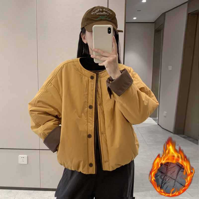 设计感撞色圆领夹棉棉服女2025秋冬新款保暖加厚洋气减龄百搭外套
