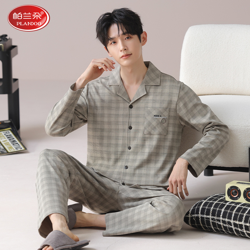 帕兰朵纯棉睡衣男士春秋季新款格子长袖秋冬季大码外穿家居服套装