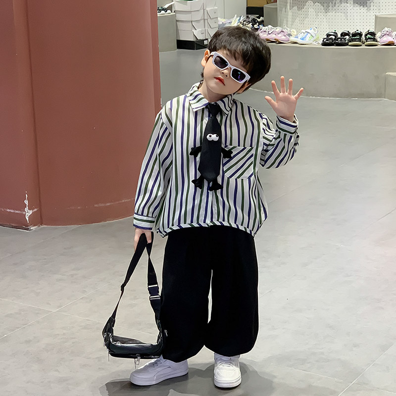 男童秋装衬衫套装2025新款韩版帅气儿童宝宝春秋季条纹衬衣两件套