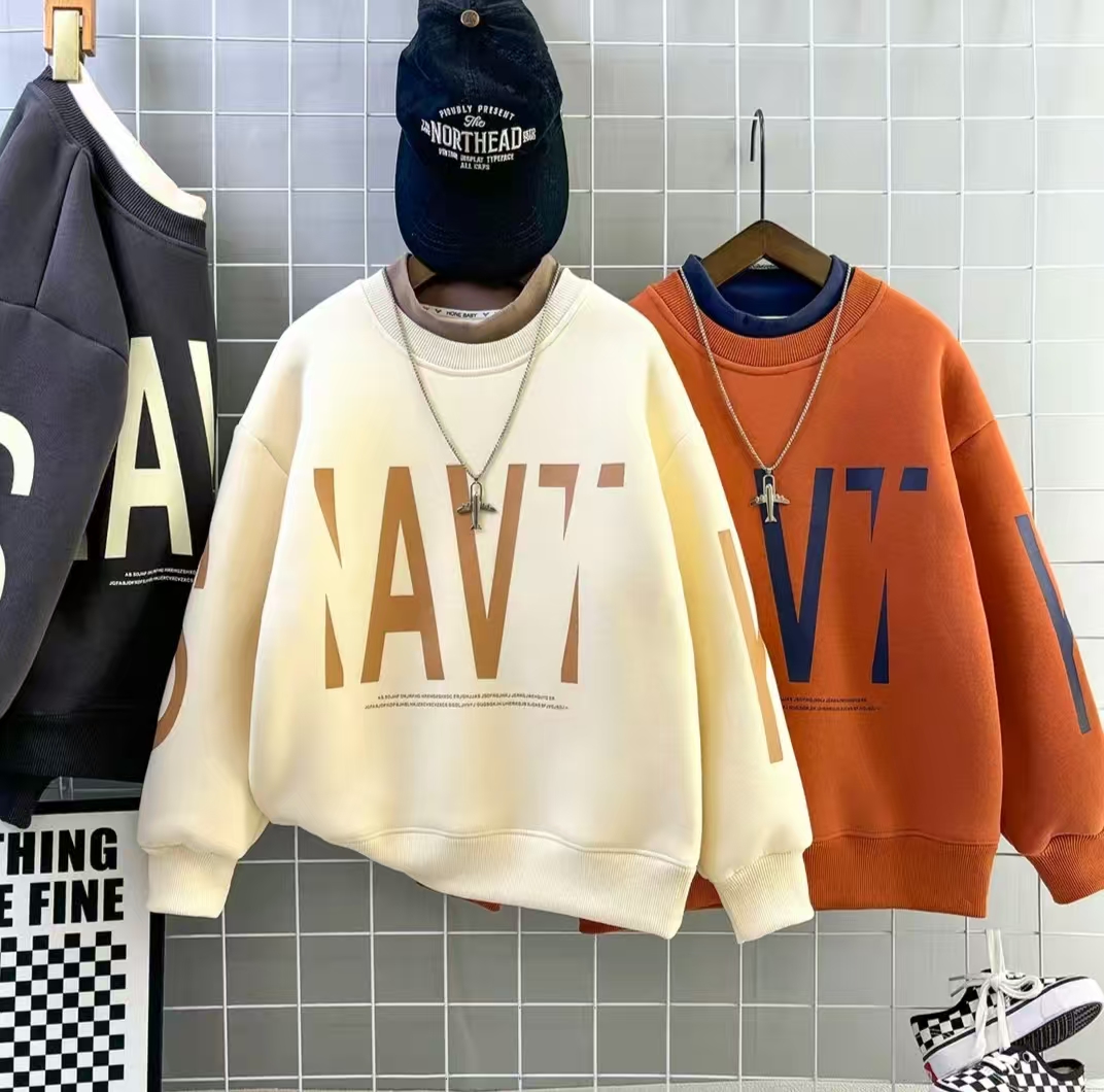 【加绒】印花时尚圆领冬季厚款国潮刺绣男童卫衣儿童外套男秋季