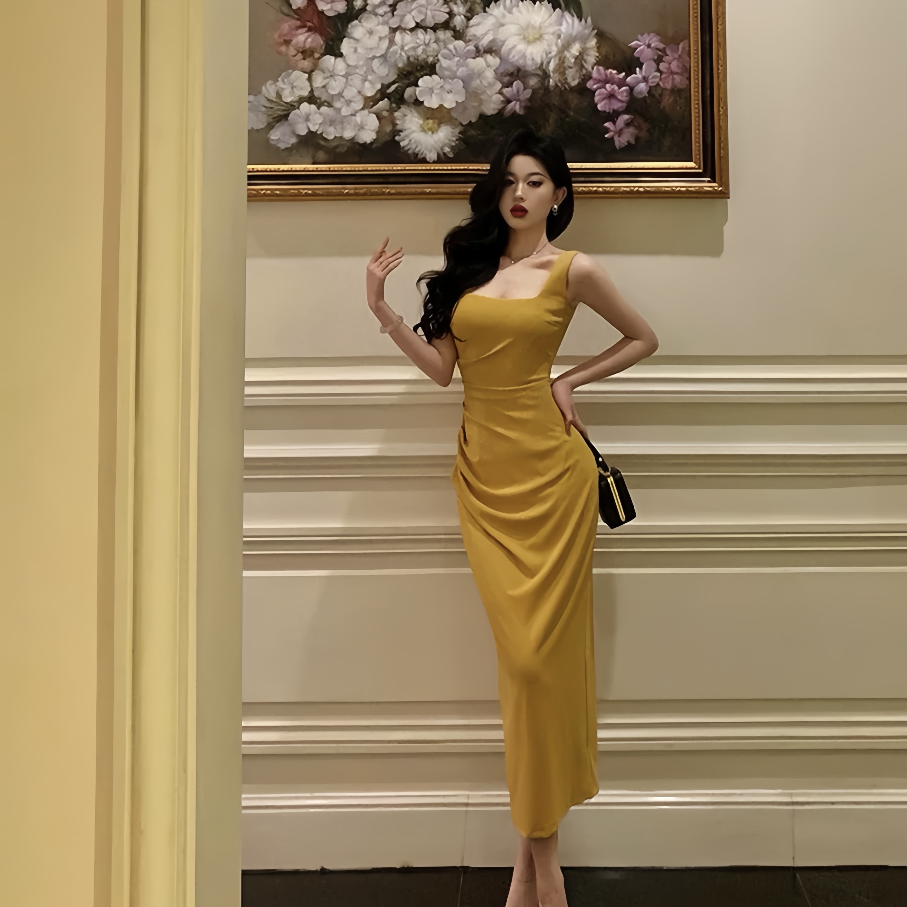 法式方领肯豆吊带连衣裙夏季高级感收腰气质蓝色小妈感长裙