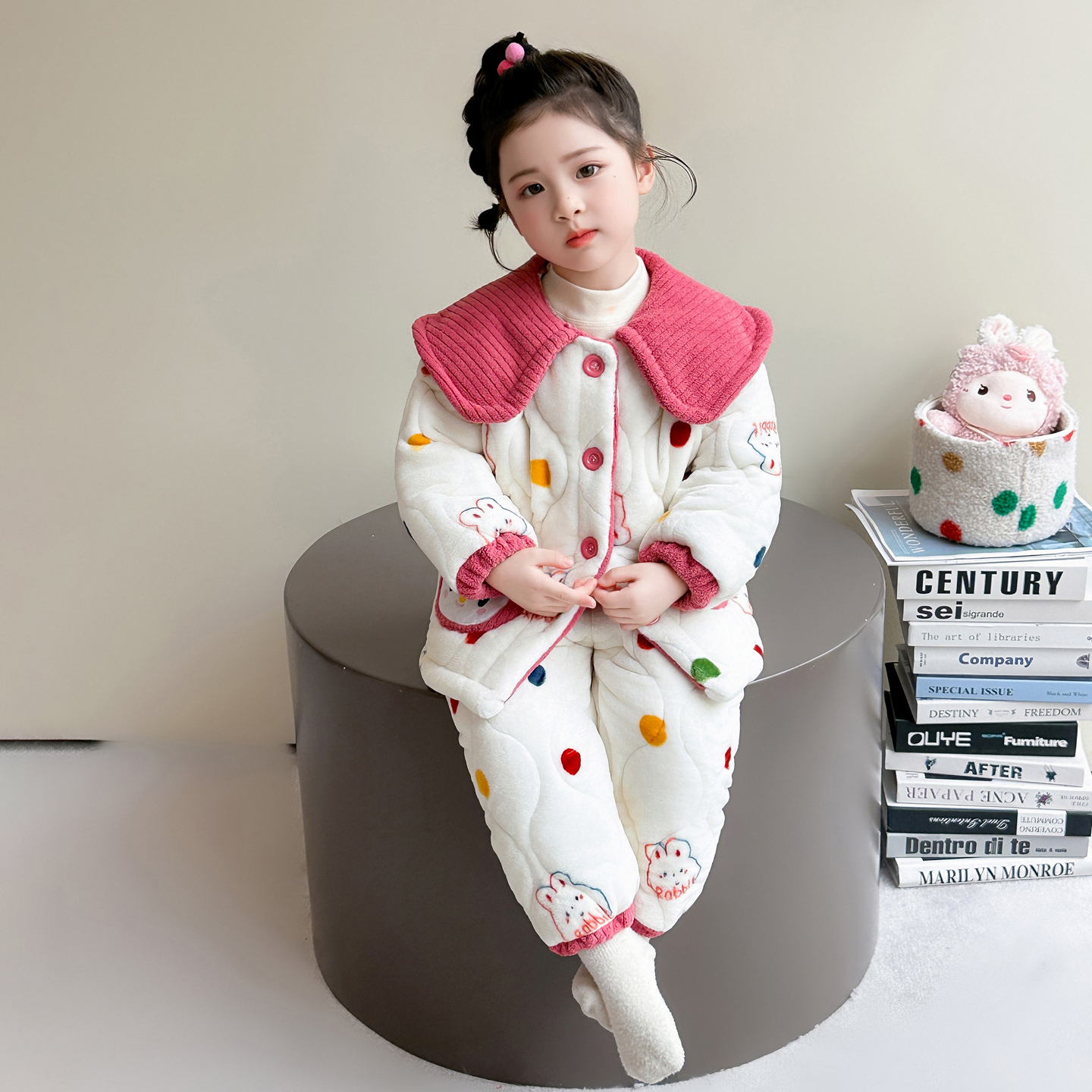 儿童睡衣冬季珊瑚绒三层夹棉加厚女孩棉衣可外穿套装女童家居服冬