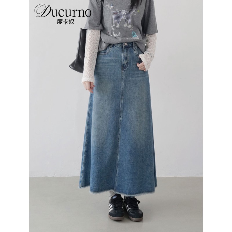 港味复古牛仔半身裙女长款过脚踝秋季2025宽松高腰A字超长裙子