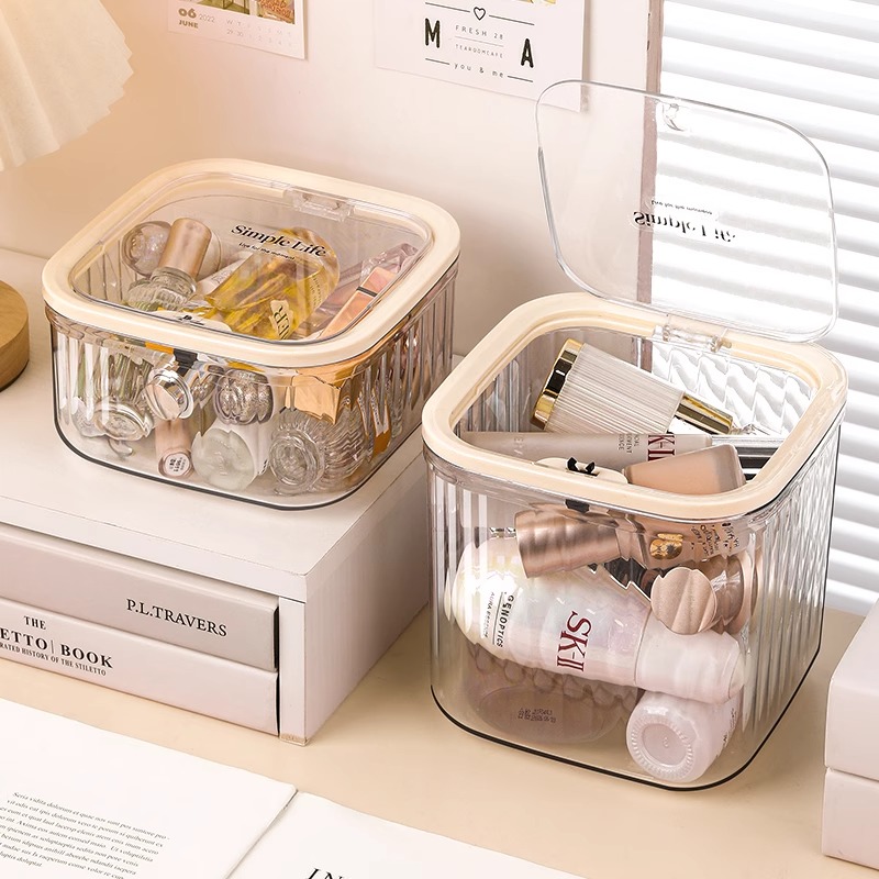 桌面收纳盒按压弹盖式大容量透明化妆品杂物收纳整理多功能收纳盒