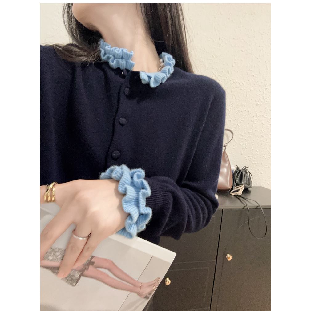 法式灰色木耳边假两件长袖针织开衫女早秋外搭高级感短款上衣外套