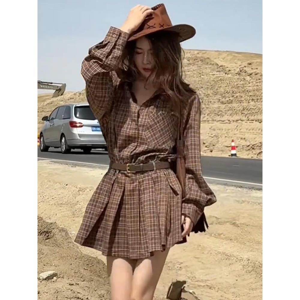 【星野格调】 复古格子长袖衬衫连衣裙女2025秋季收腰显瘦气质短裙