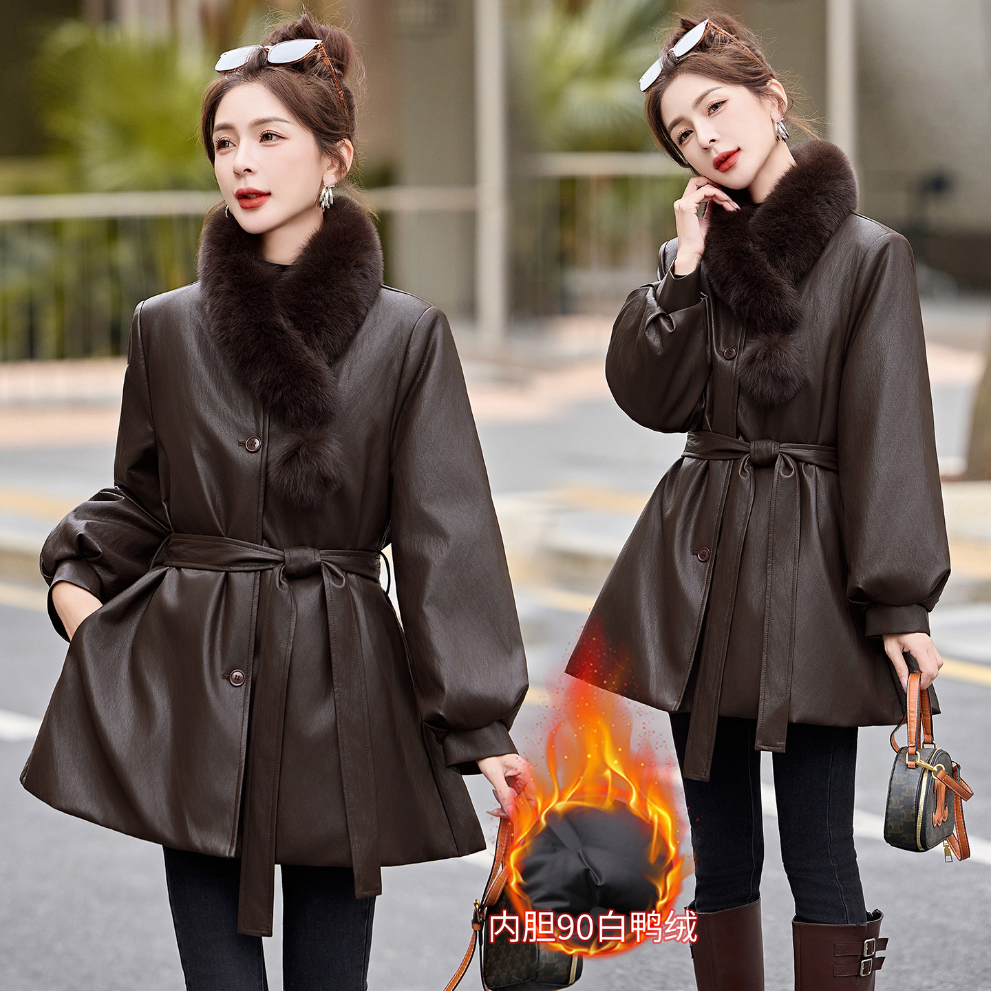 羽绒内胆皮衣外套女欧洲站2025年冬季新款狐狸毛领收腰中长款风衣